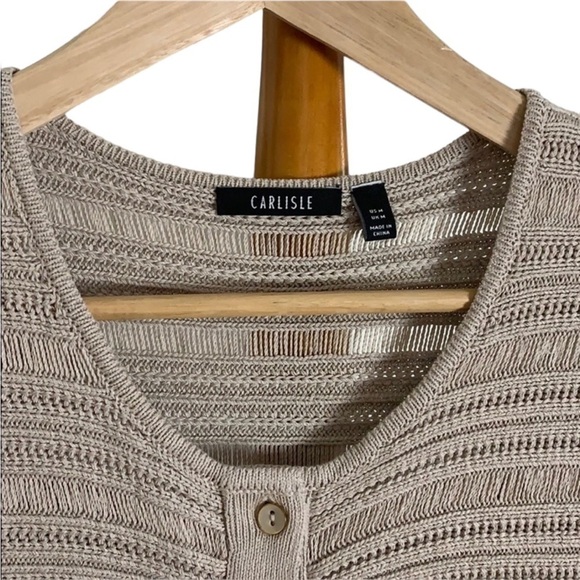 - CARLISLE Tan Cropped Silk & Cotton Blend Knit Cardigan Short Sleeve - Picture 3 of 6